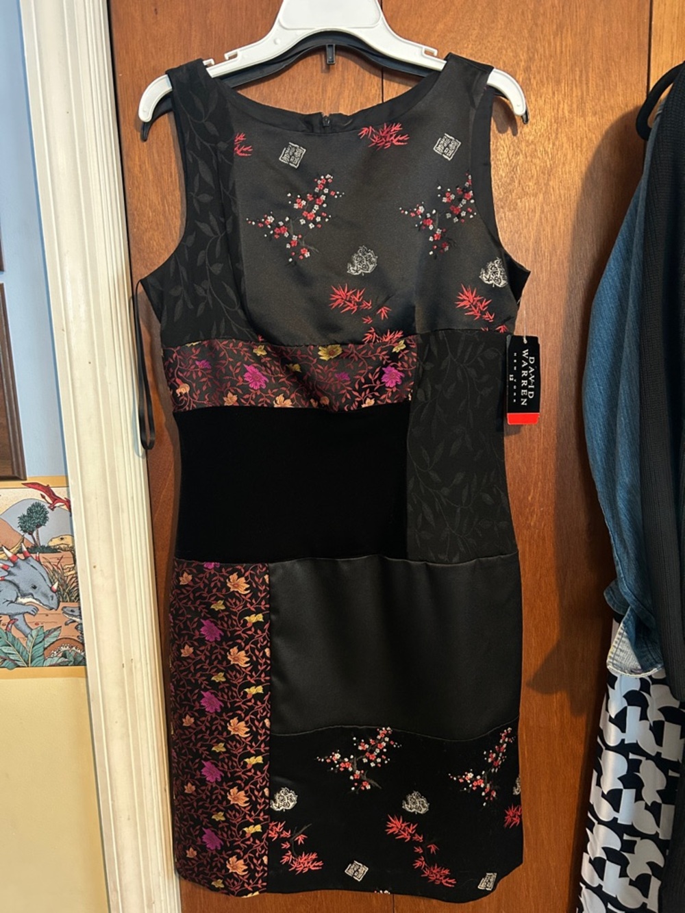 Patchwork Black Floral Midi Dress with flower Accent - size 12